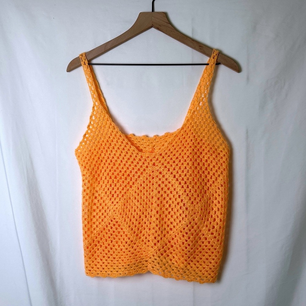 Handmade Womens Boho Crochet Knit V-Neck Cami Tank Top Size M Orange Boho Summer
